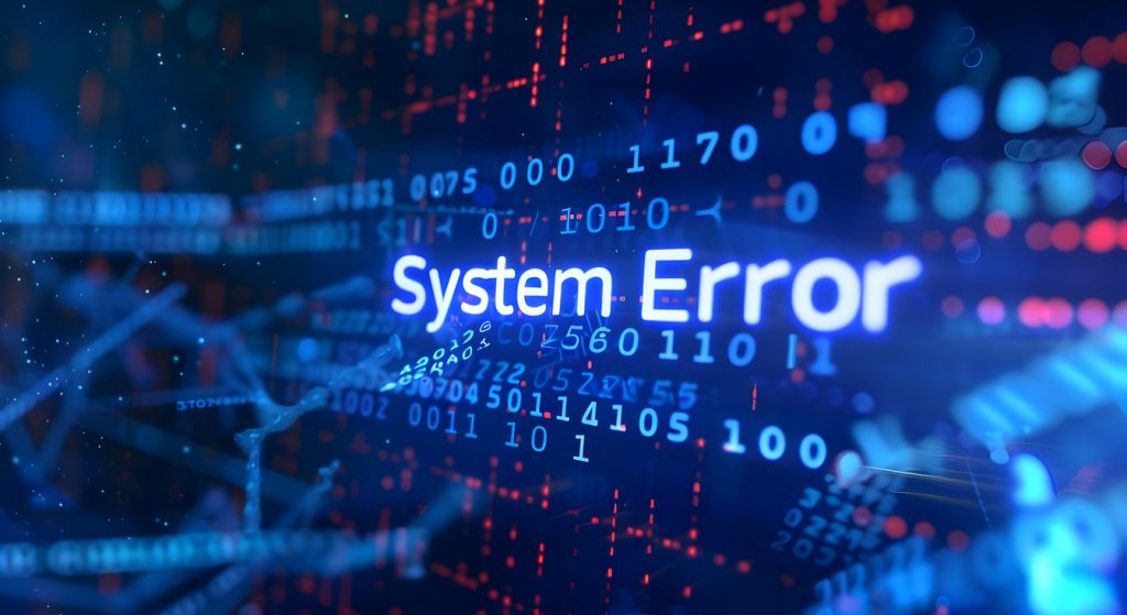 Glowing 'System Error' text with digital data background representing technology problem or computer crash in dark futuristic setting.